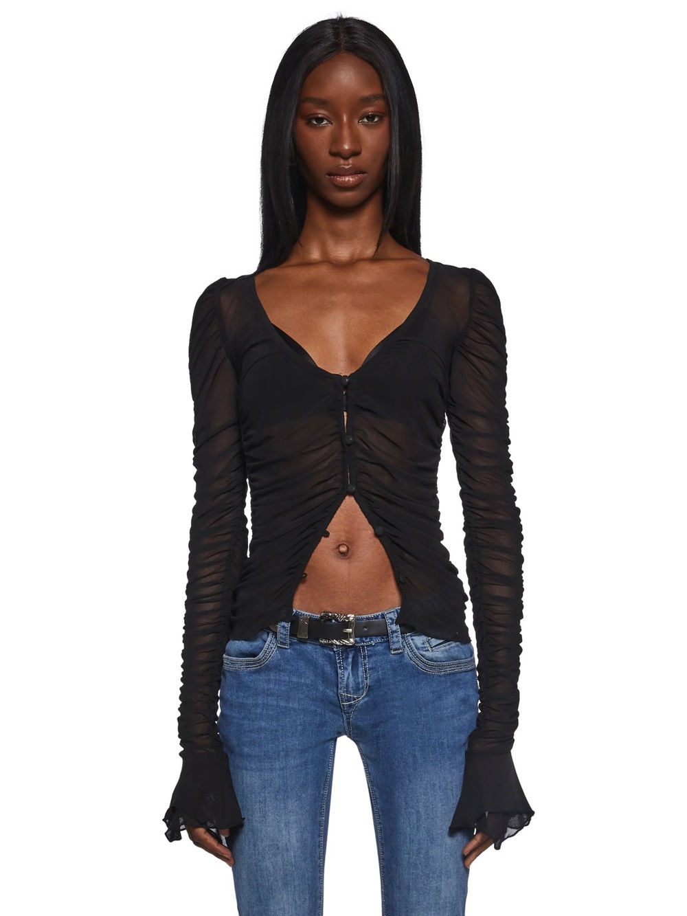Sheer Ruched Long-Sleeve Button Front Black Long Sleeve Top